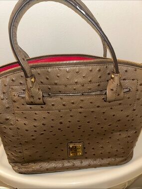 Dooney & Bourke Taupe Ostrich Embossed Satchel with Red Inter Accent needs work